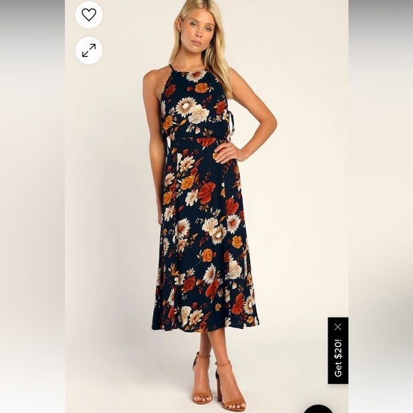 Lulus Flourishing Flirt Navy Blue Floral Cutout Halter Midi Dress Large NWT - Picture 1 of 15